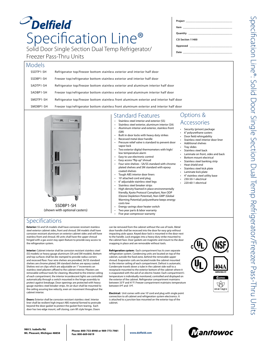 Delfield SADBP1-SH User Manual | 2 pages