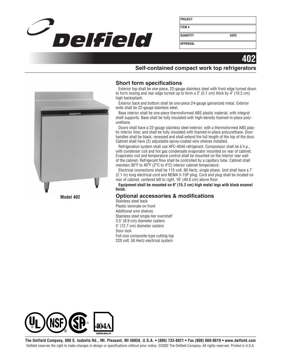 Delfield 402 User Manual | 2 pages