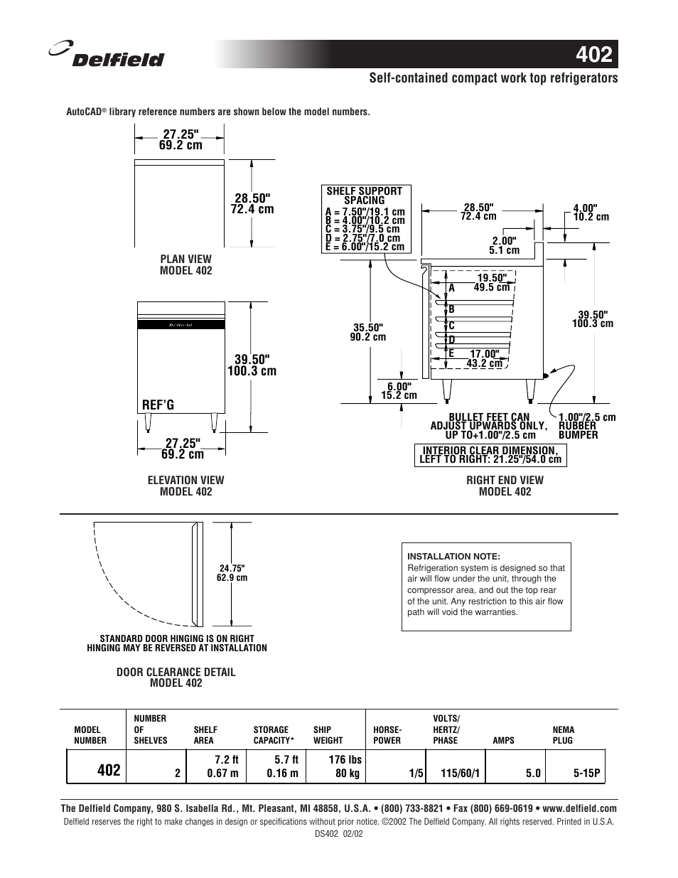 Self-contained compact work top refrigerators | Delfield 402 User Manual | Page 2 / 2
