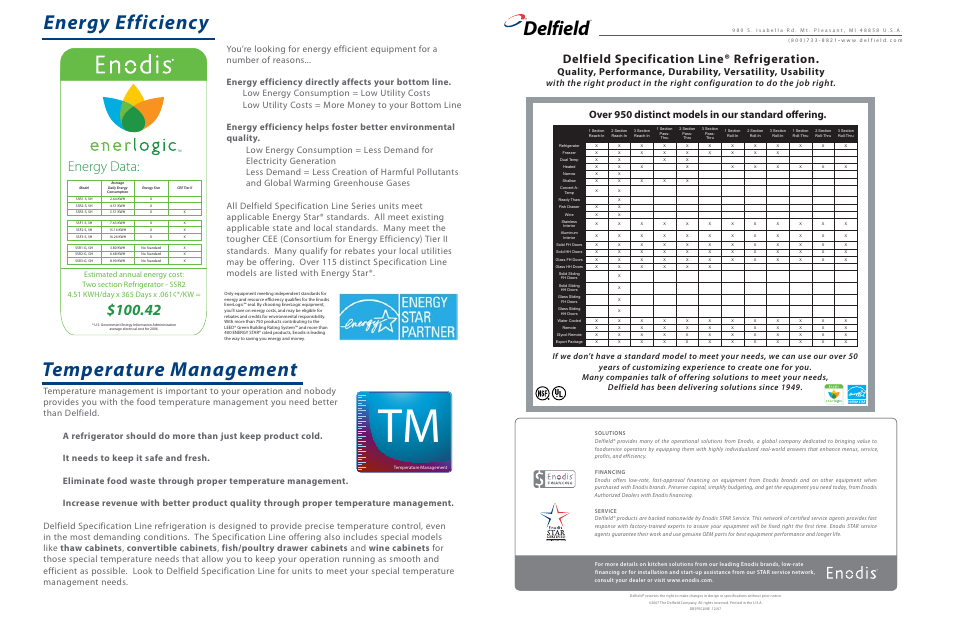 Delfield, Energy efficiency, Temperature management | Energy data, Delfield specification line® refrigeration, Over 950 distinct models in our standard offering | Delfield Enodis SSR3-G User Manual | Page 4 / 4