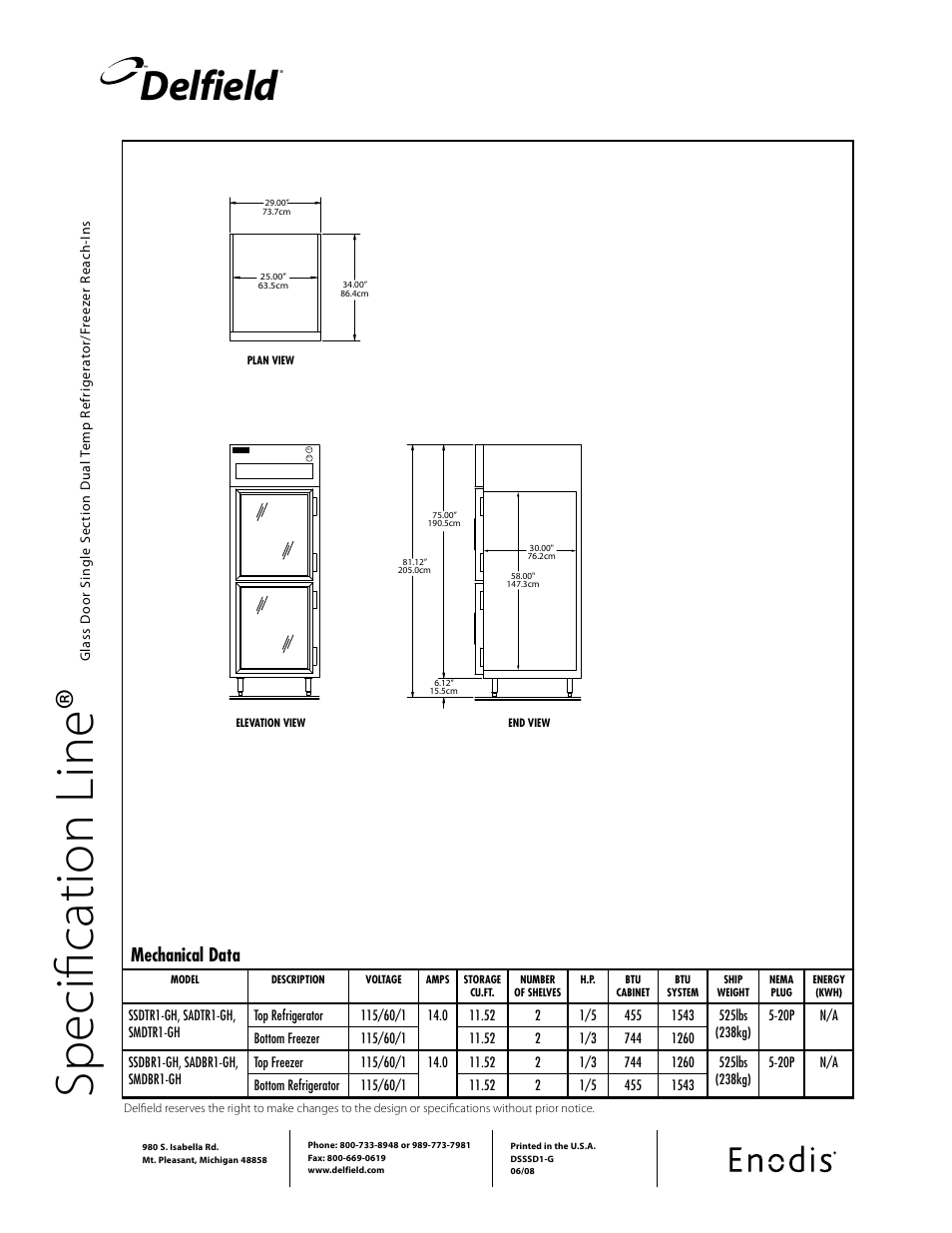 Sp ec ifi ca tio n li ne, Delfield, Mechanical data | Delfield SMDTR1-GH User Manual | Page 2 / 2