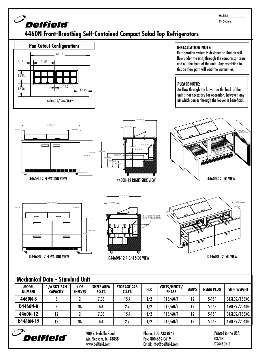 Mechanical data - standard unit, Pan cutout configurations | Delfield 4460N-12 User Manual | Page 3 / 4