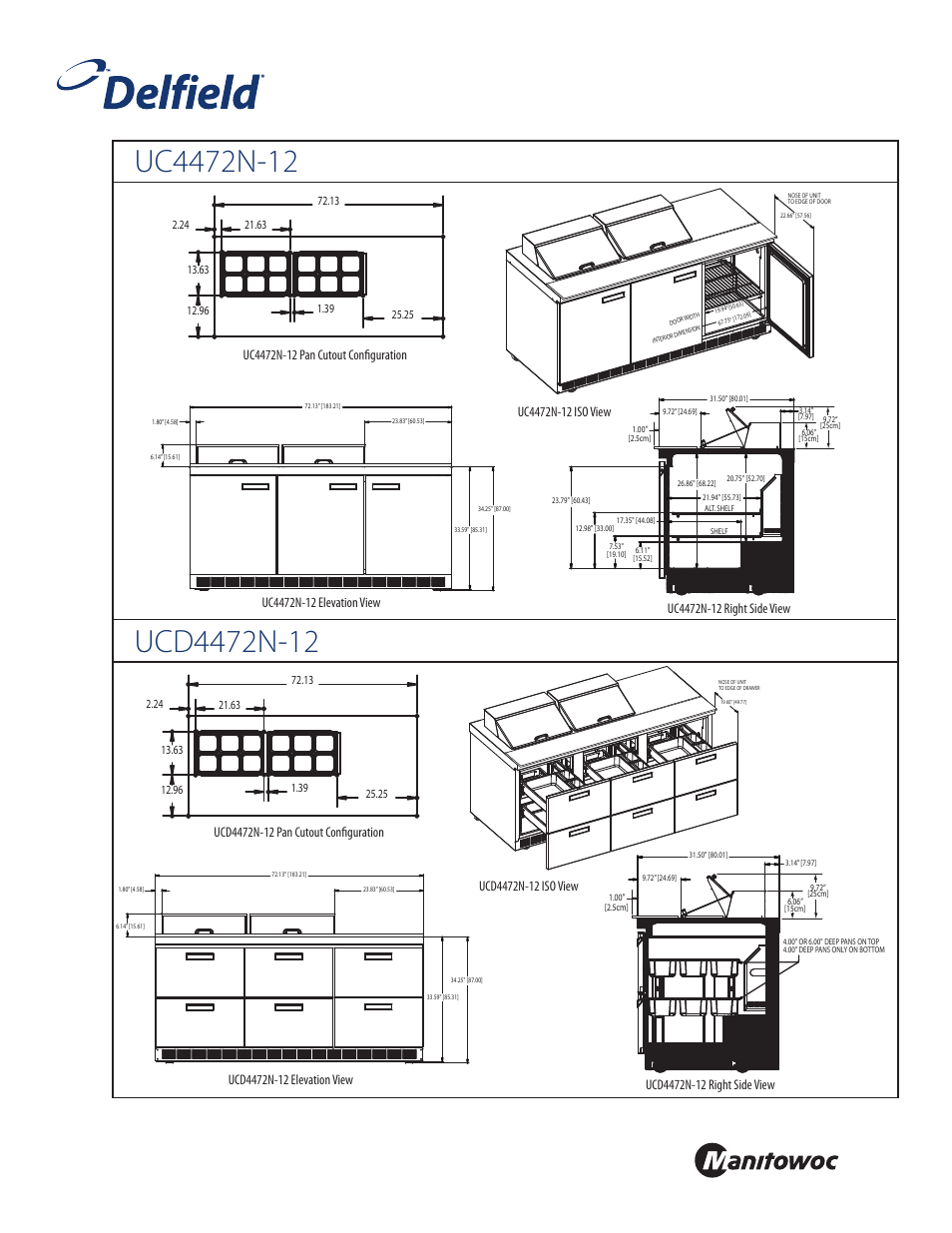 Front, Standard pan configurations | Delfield UC4472N-12 User Manual | Page 2 / 4