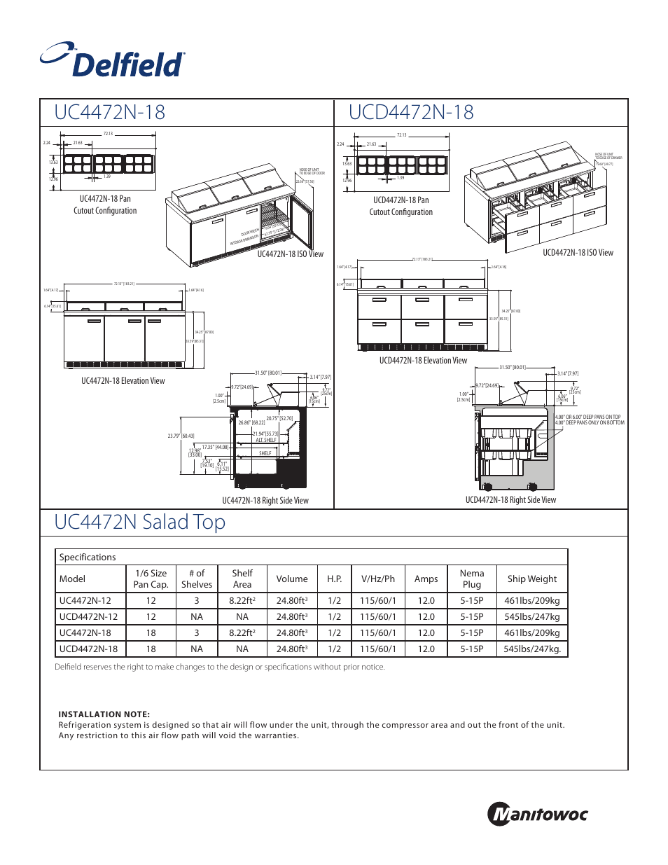 Front, Standard pan configurations, 80ft | Delfield UC4472N-12 User Manual | Page 3 / 4