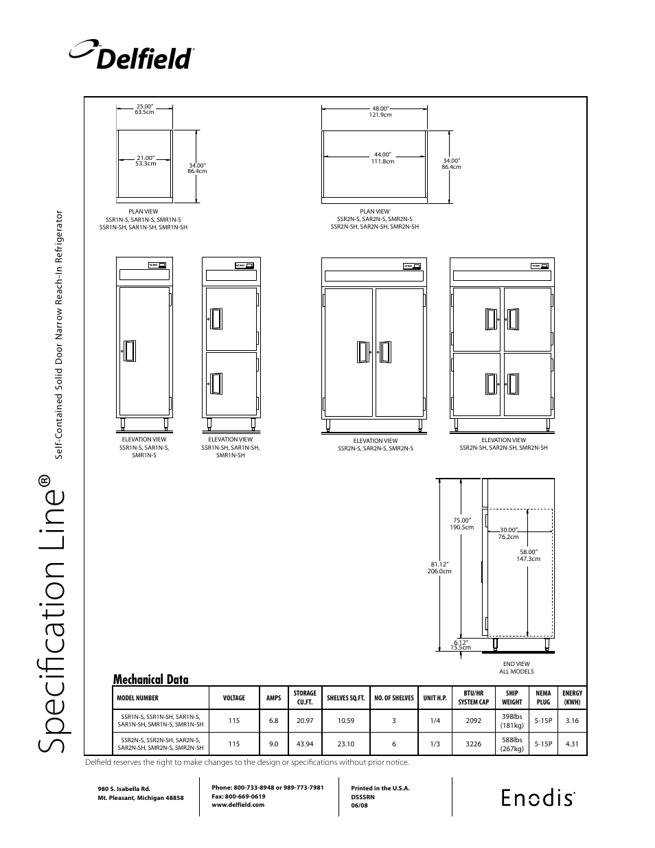 Sp ec ifi ca tio n li ne, Delfield, Mechanical data | Delfield SAR1N-S User Manual | Page 2 / 2