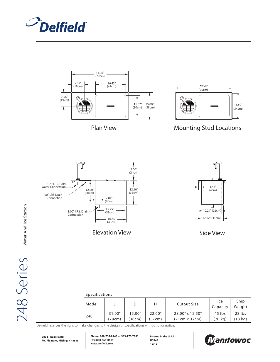 248 s er ies, Side view, Plan view mounting stud locations | Elevation view | Delfield Water and Ice Station 248 Series User Manual | Page 2 / 2