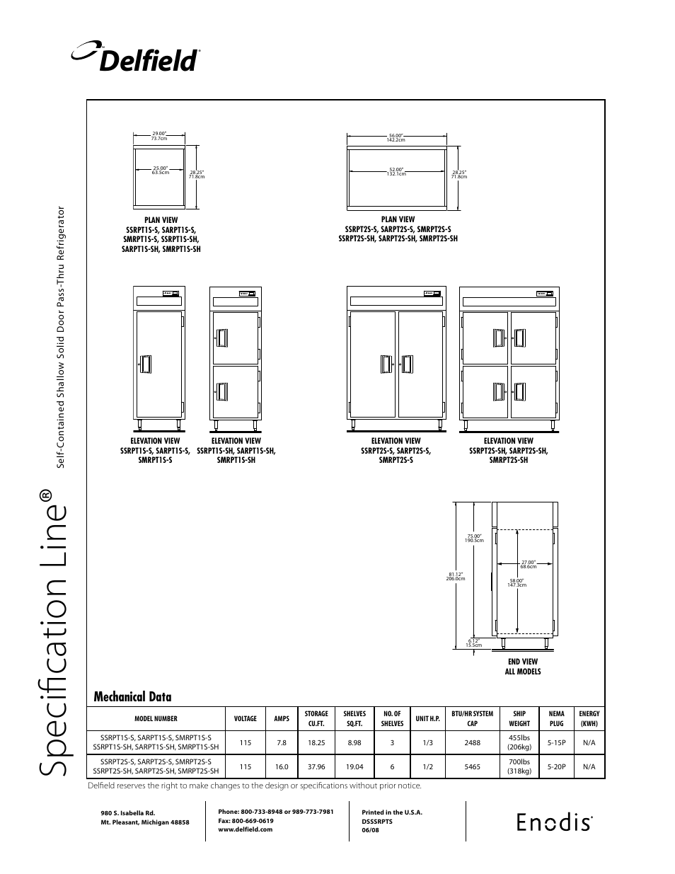 Sp ec ifi ca tio n li ne, Delfield, Mechanical data | Specification line | Delfield SMRPT2S-SH User Manual | Page 2 / 2