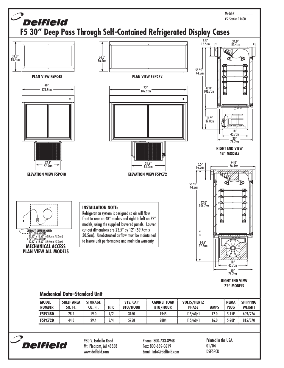 Mechanical data–standard unit | Delfield F5MC48N User Manual | Page 2 / 2