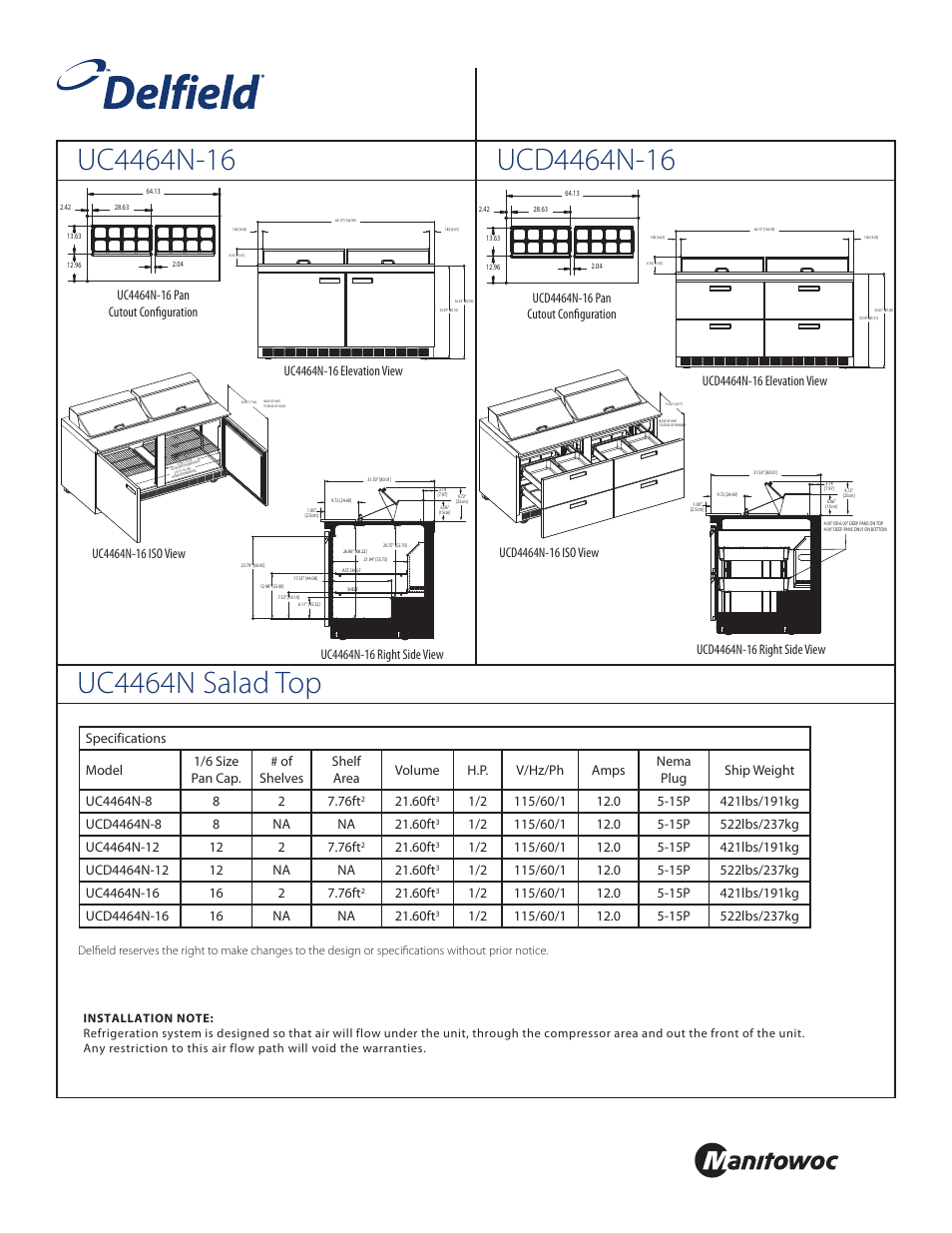 Front, Standard pan configurations, 60ft | Delfield UC4464N-8 User Manual | Page 3 / 4