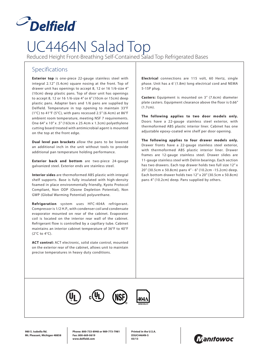 Uc4464n salad top, Specifications | Delfield UC4464N-8 User Manual | Page 4 / 4