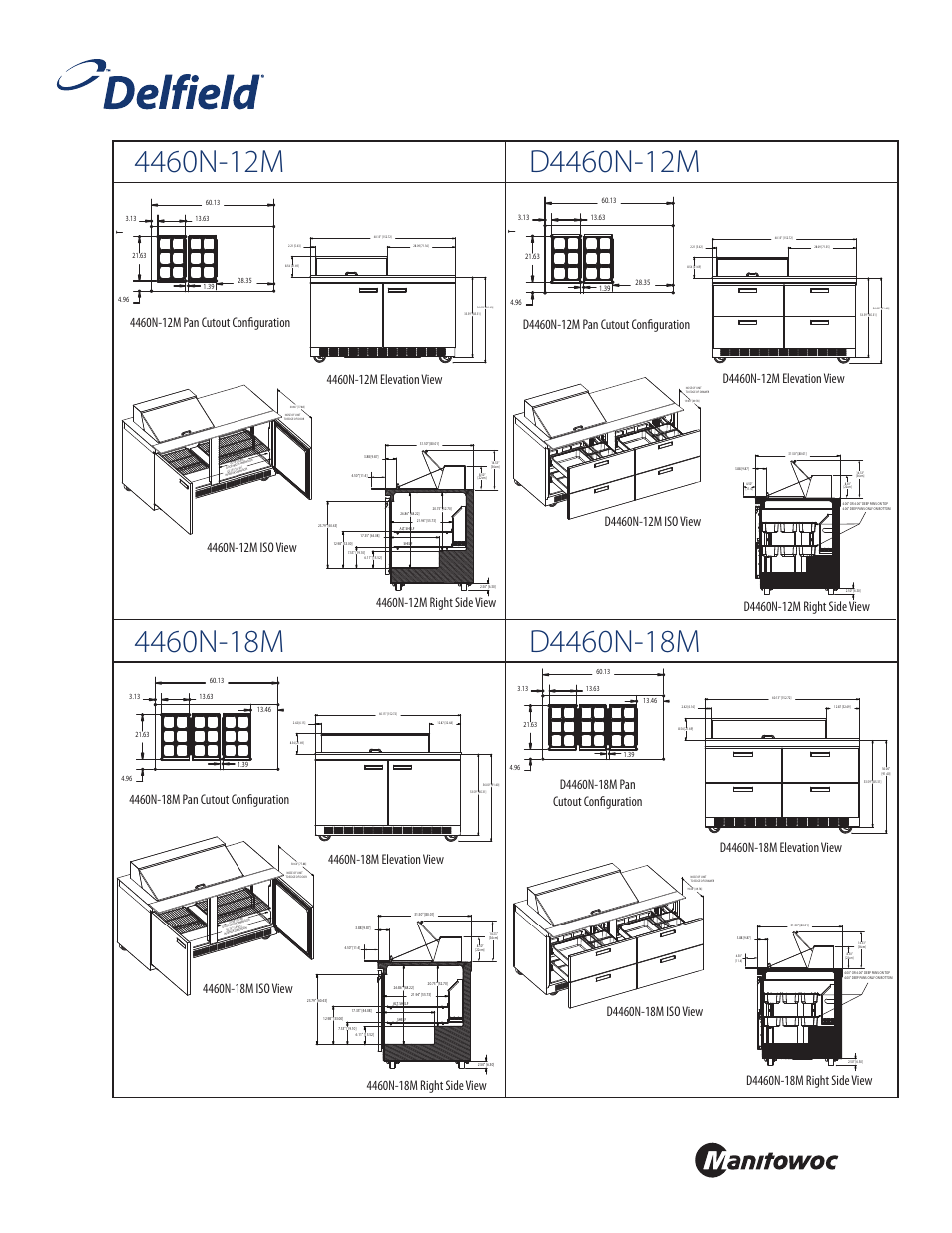 Front, Standard pan configurations | Delfield 4460N-24M User Manual | Page 2 / 4