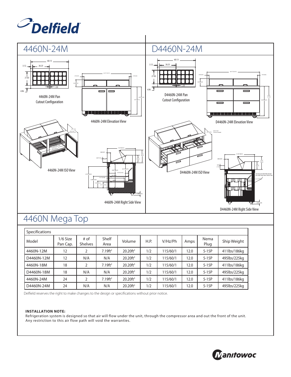 Front, Standard pan configurations, 20ft | Delfield 4460N-24M User Manual | Page 3 / 4