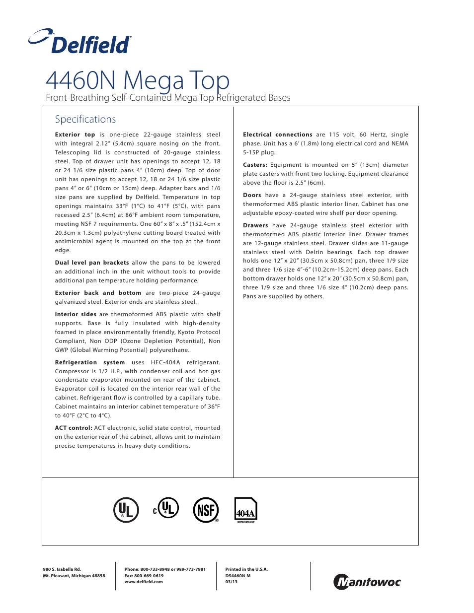 4460n mega top, Specifications | Delfield 4460N-24M User Manual | Page 4 / 4