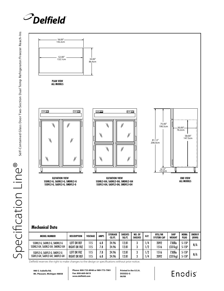 Sp ec ifi ca tio n li ne, Delfield, Mechanical data | Delfield SADRL2-GH User Manual | Page 2 / 2