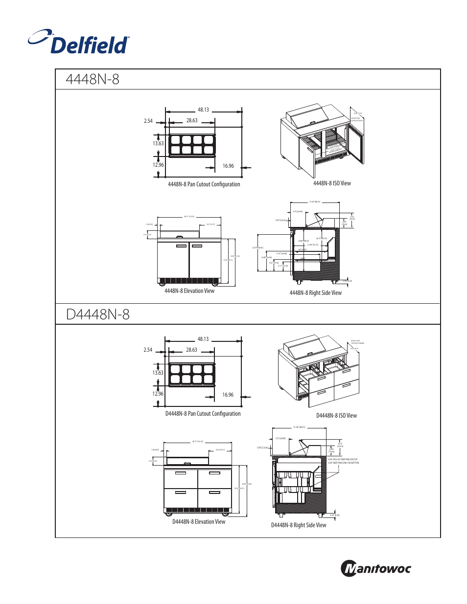 Front, Standard pan configurations | Delfield 4448N-8 User Manual | Page 2 / 4