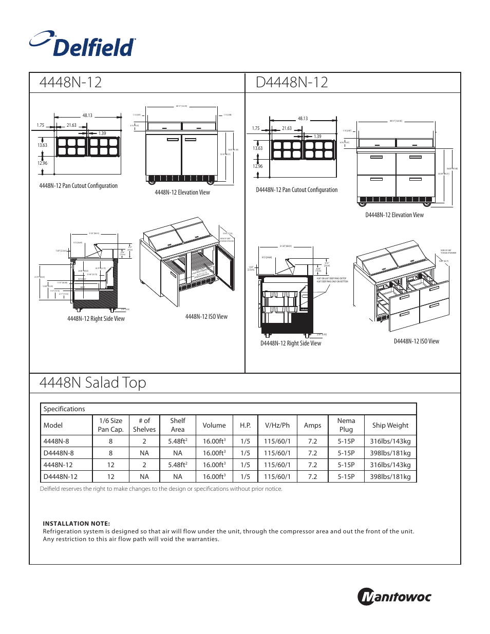 Front, Standard pan configurations, 00ft | Delfield 4448N-8 User Manual | Page 3 / 4