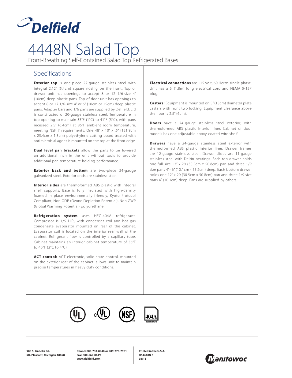 4448n salad top, Specifications | Delfield 4448N-8 User Manual | Page 4 / 4