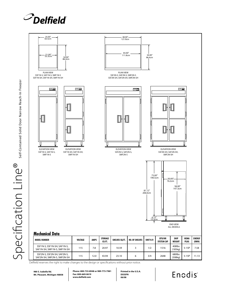 Sp ec ifi ca tio n li ne, Delfield, Mechanical data | Delfield Enodis SSFN-S User Manual | Page 2 / 2