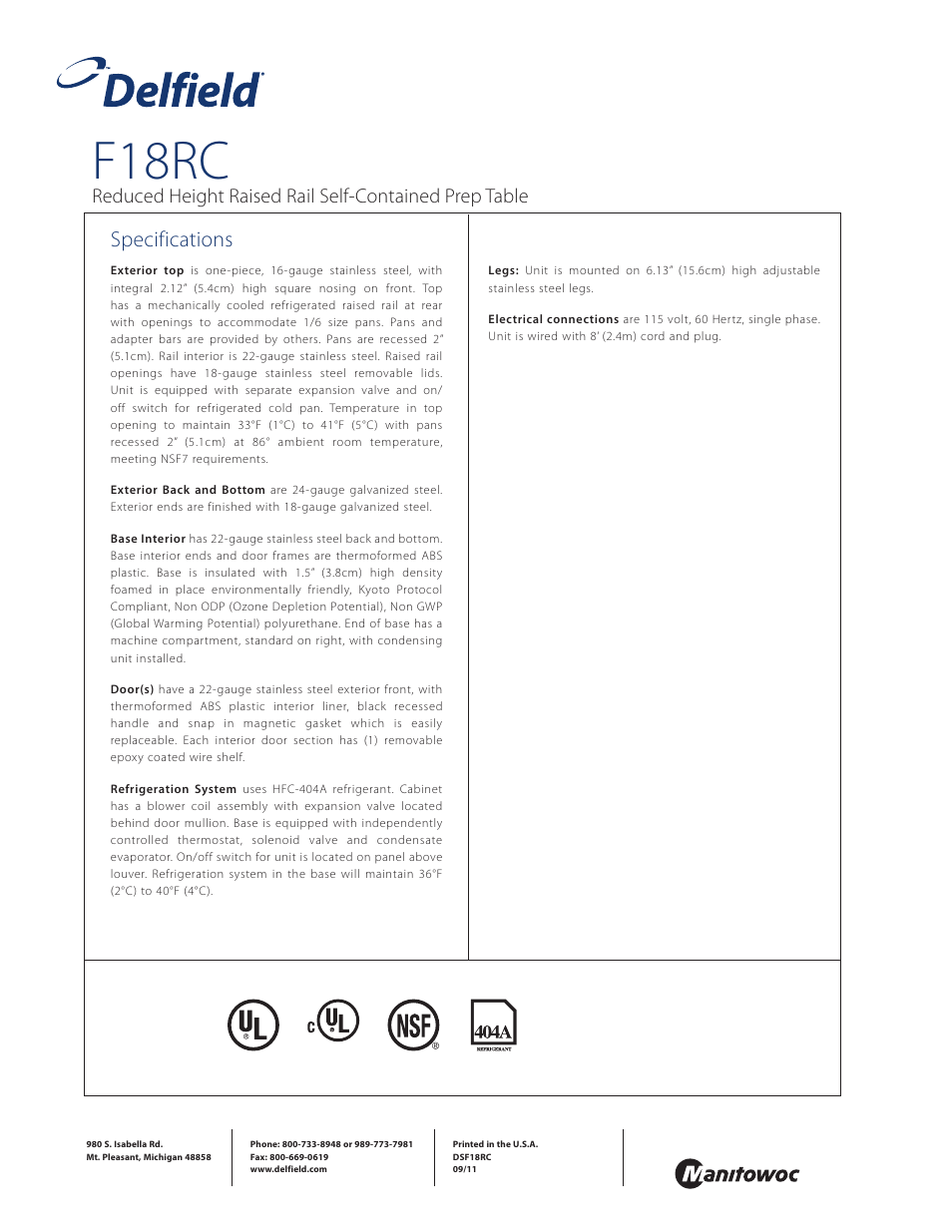 F18rc, Specifications | Delfield F18RC60 User Manual | Page 4 / 4
