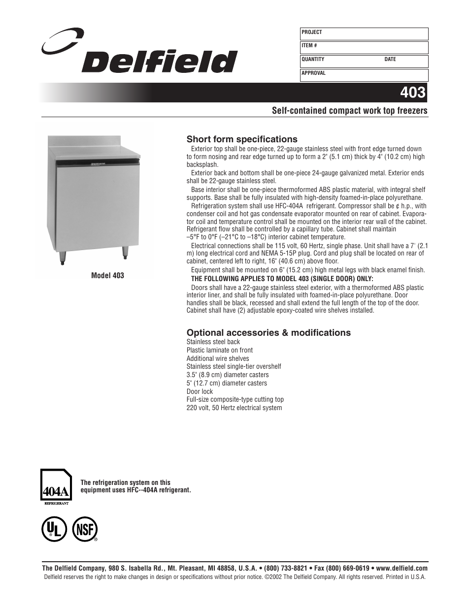 Delfield 403 Standard User Manual | 2 pages