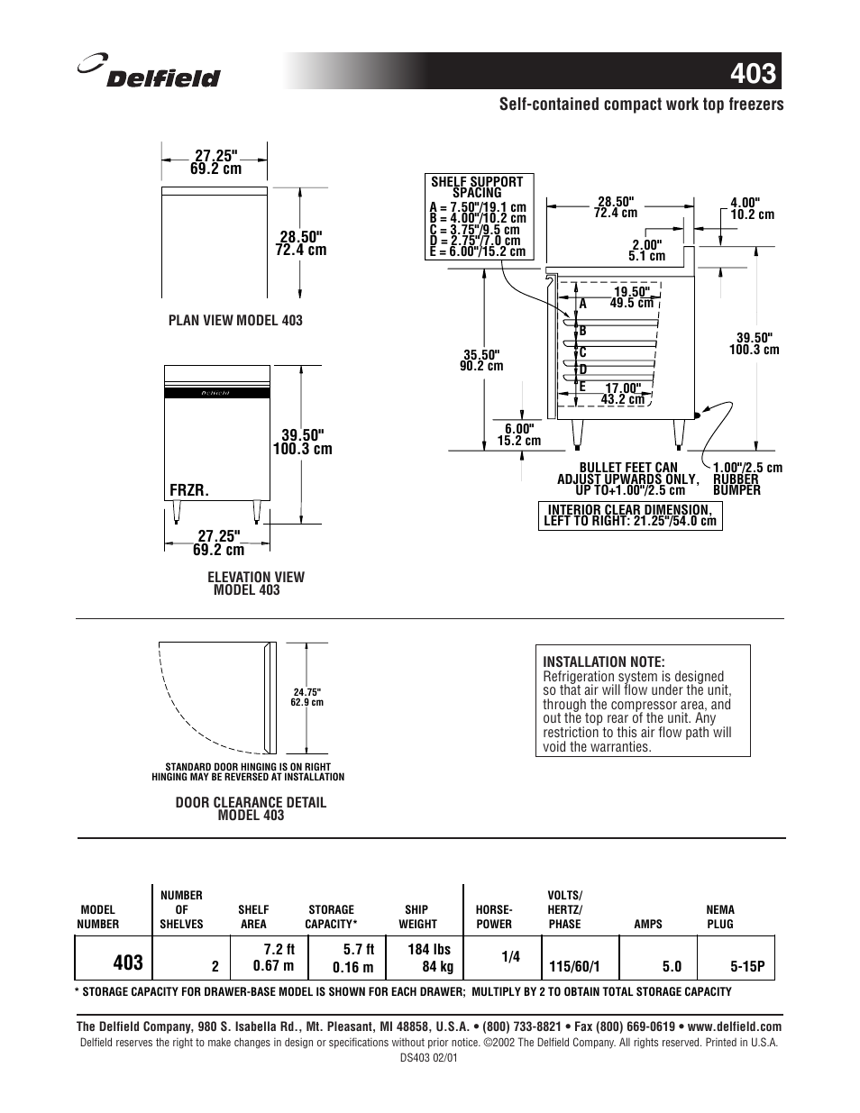 Self-contained compact work top freezers | Delfield 403 Standard User Manual | Page 2 / 2