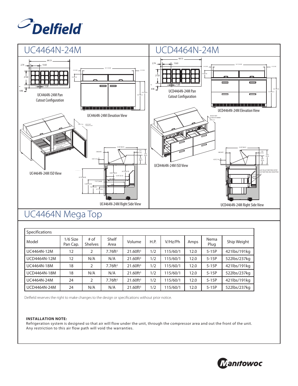 Front, Standard pan configurations, 60ft | Delfield UCD4464N-24M User Manual | Page 3 / 4
