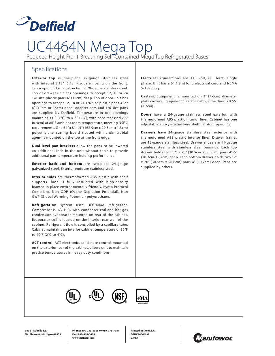 Uc4464n mega top, Specifications | Delfield UCD4464N-24M User Manual | Page 4 / 4