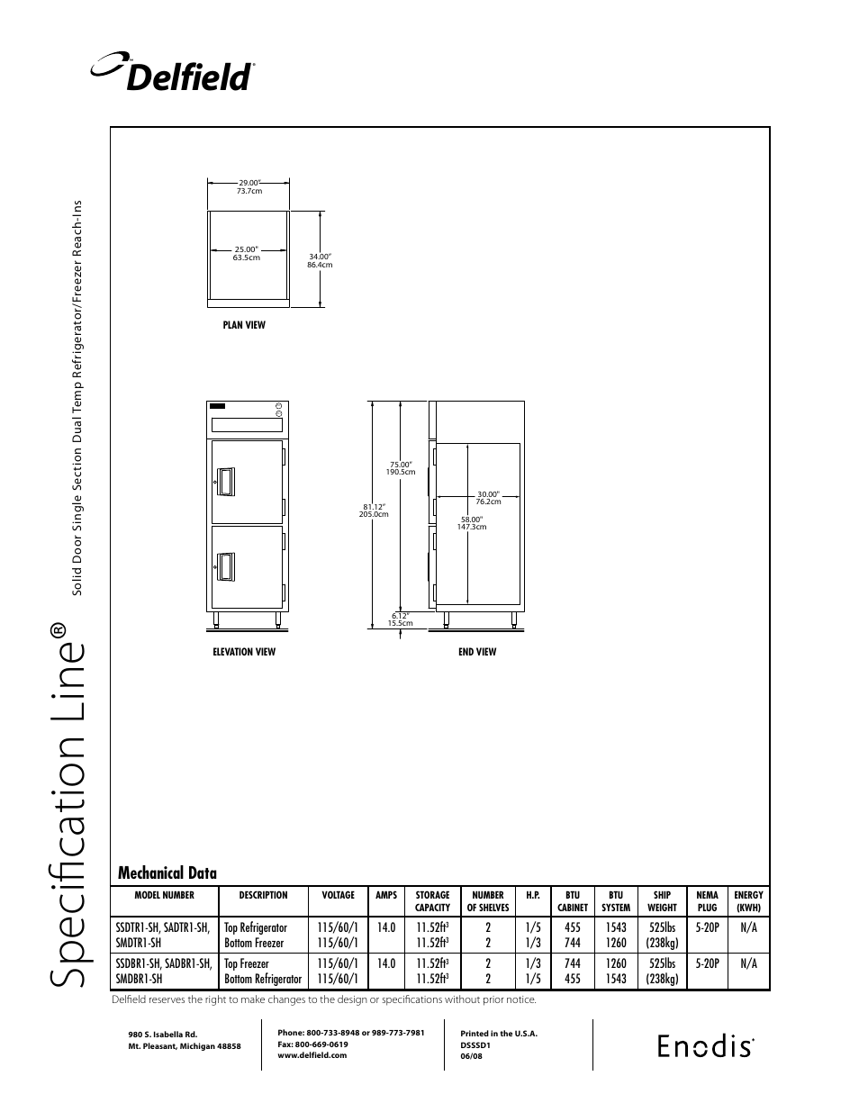Sp ec ifi ca tio n li ne, Delfield, Mechanical data | Delfield SADTR1-SH User Manual | Page 2 / 2