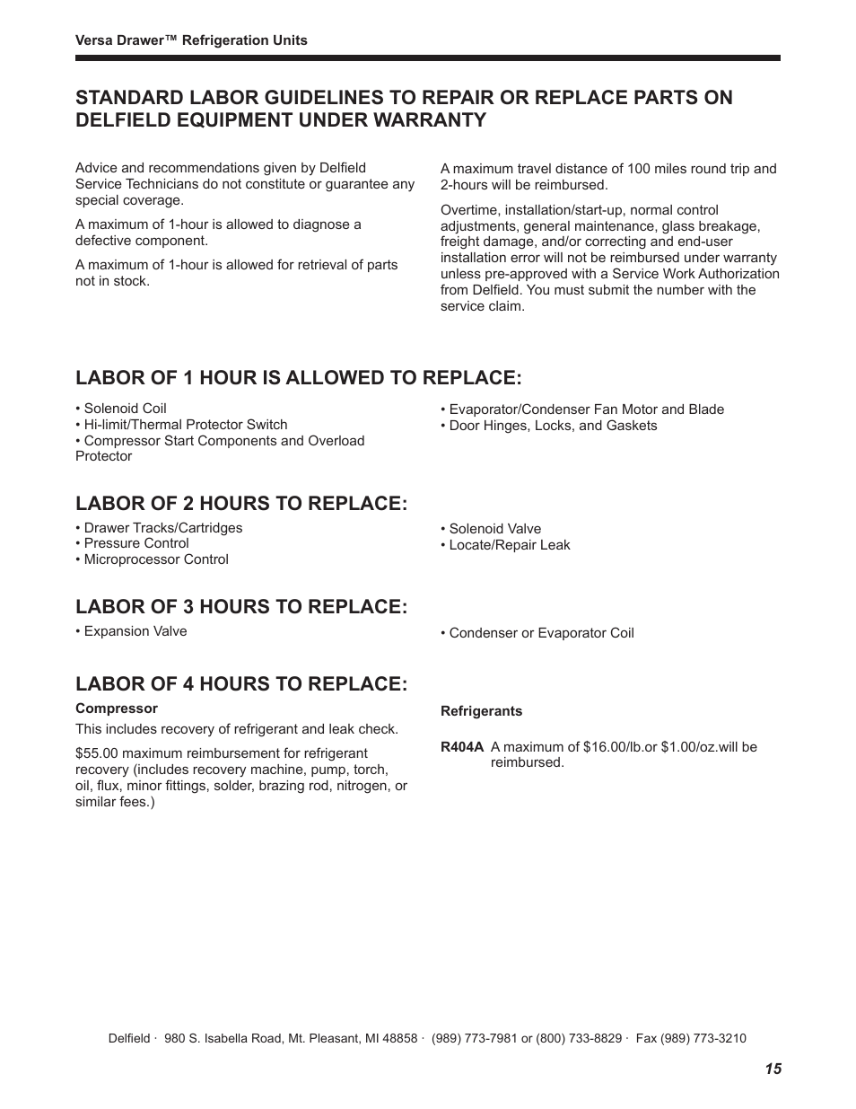 Labor of 2 hours to replace, Labor of 3 hours to replace, Labor of 4 hours to replace | Delfield Versa Drawer User Manual | Page 15 / 20