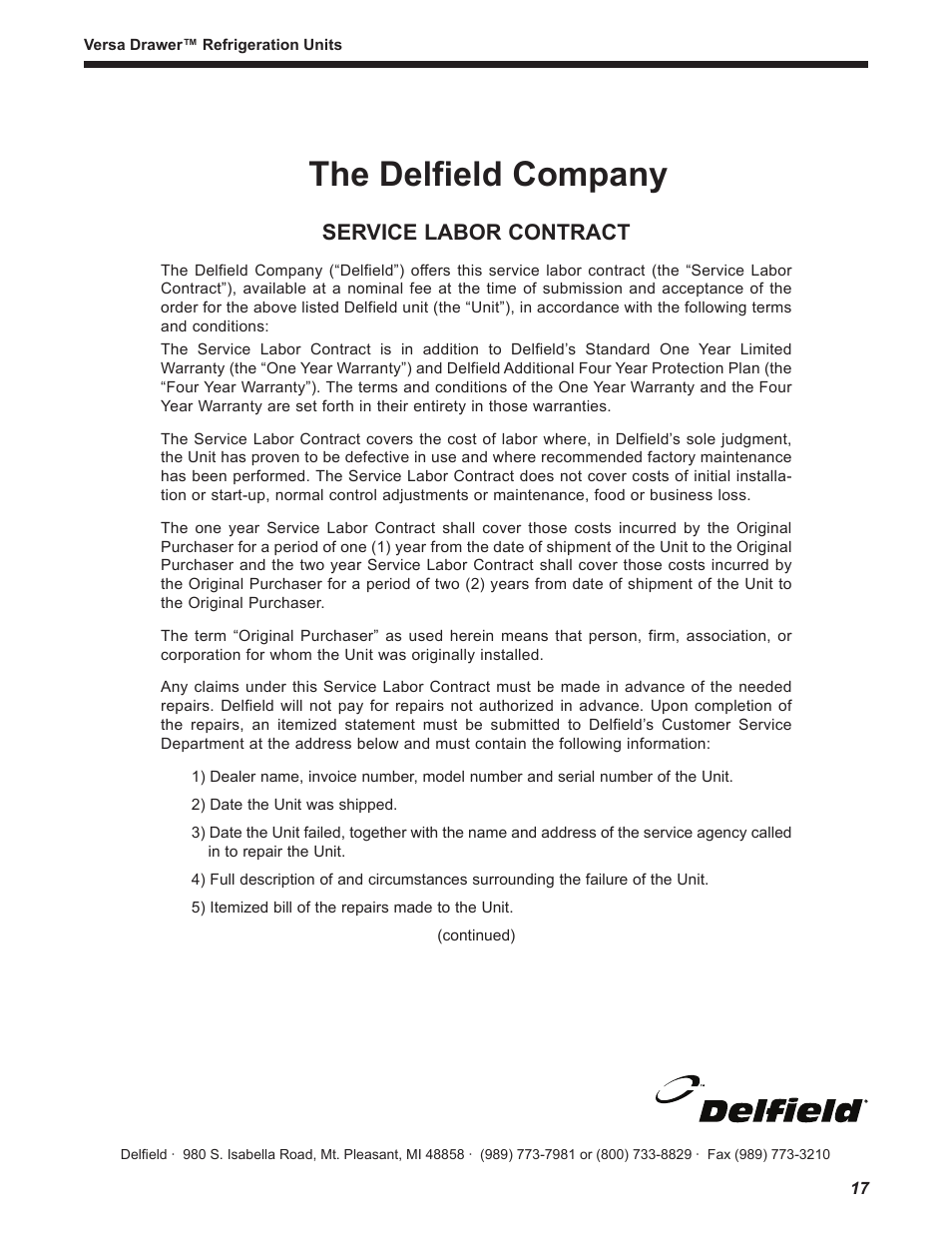 The delfield company, Service labor contract | Delfield Versa Drawer User Manual | Page 17 / 20