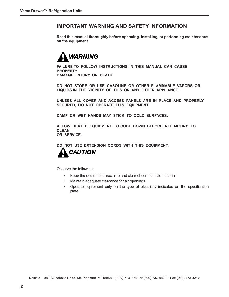 Important warning and safety information | Delfield Versa Drawer User Manual | Page 2 / 20