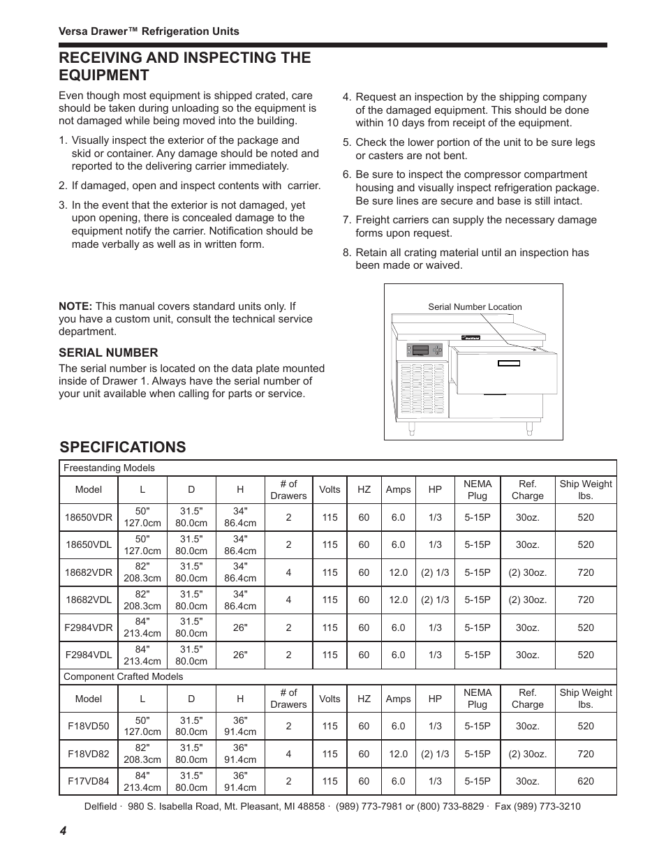 Receiving and inspecting the equipment, Specifications | Delfield Versa Drawer User Manual | Page 4 / 20