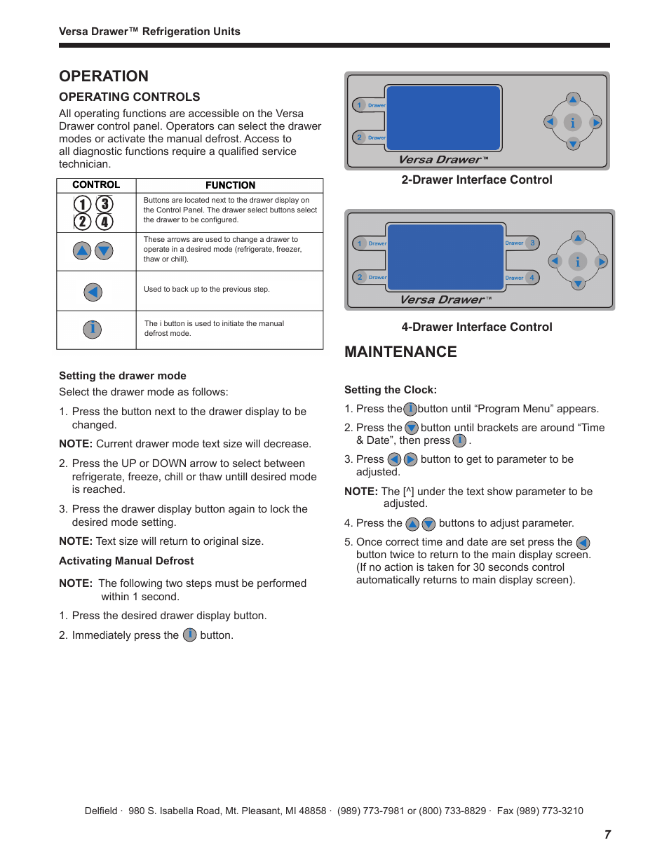 Operation, Maintenance | Delfield Versa Drawer User Manual | Page 7 / 20