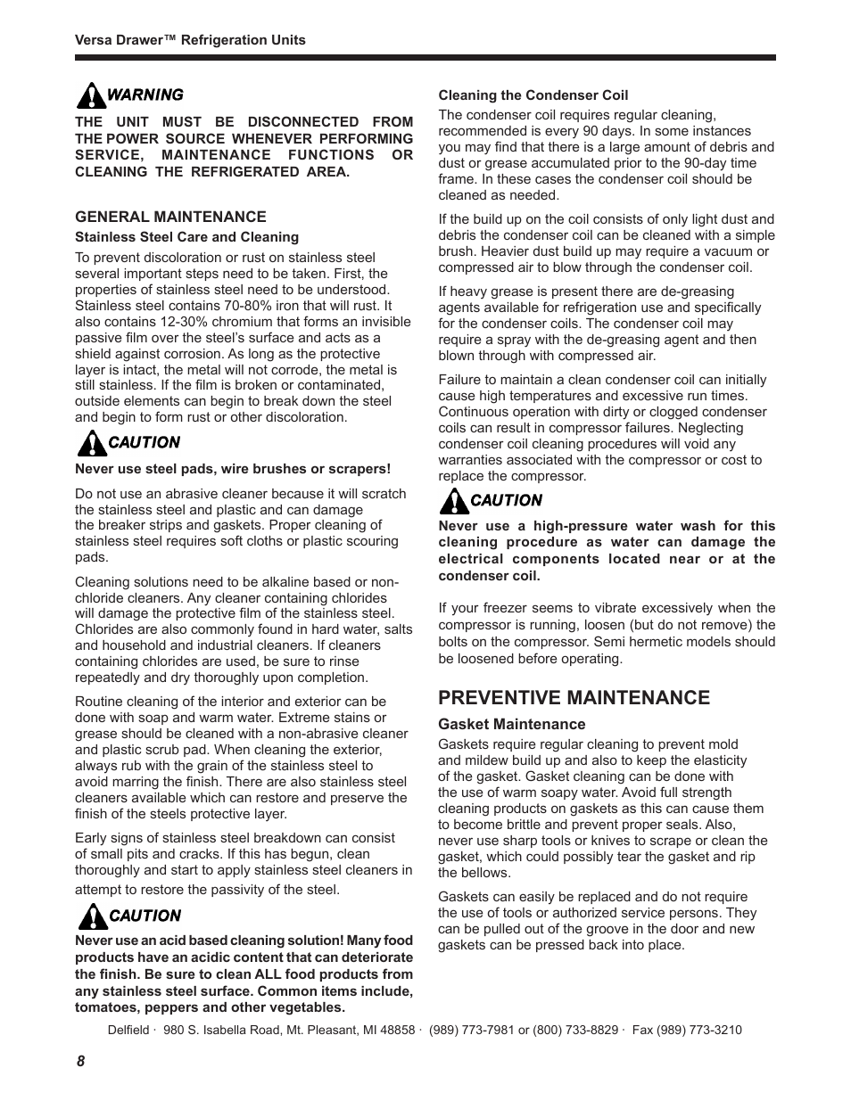 Preventive maintenance | Delfield Versa Drawer User Manual | Page 8 / 20