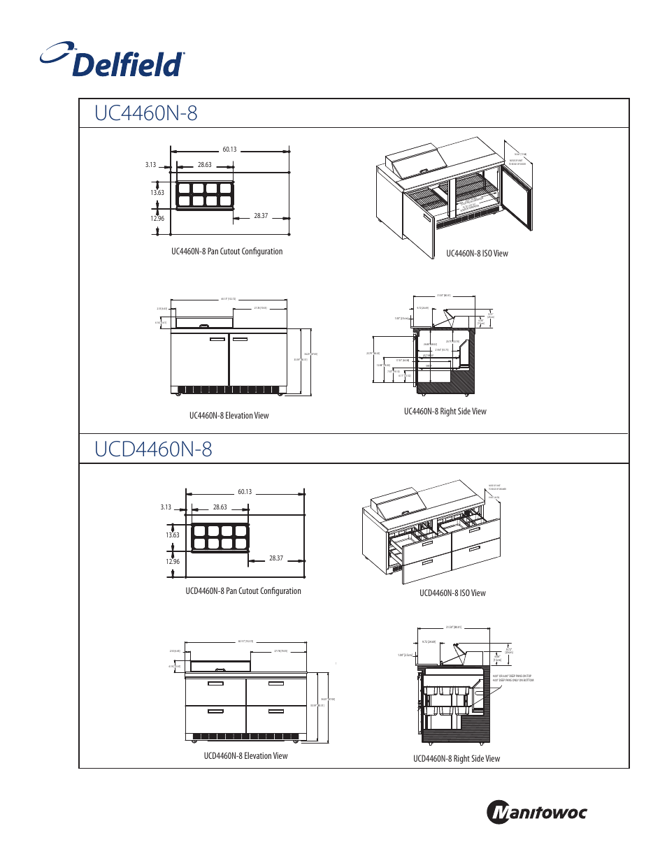 Front, Standard pan configurations | Delfield UC4460N-8 User Manual | Page 2 / 4