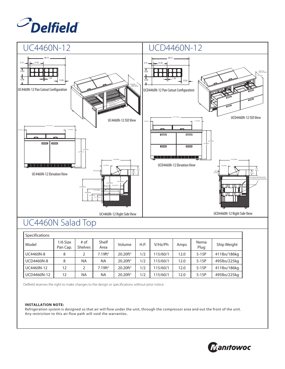 Front, Standard pan configurations, 20ft | Delfield UC4460N-8 User Manual | Page 3 / 4