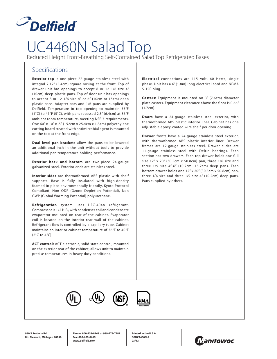 Uc4460n salad top, Specifications | Delfield UC4460N-8 User Manual | Page 4 / 4