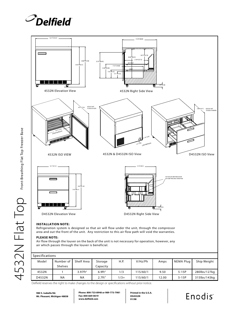 45 32 n f la t t op, Delfield, Specifications | Delfield Enodis 4532N User Manual | Page 2 / 2