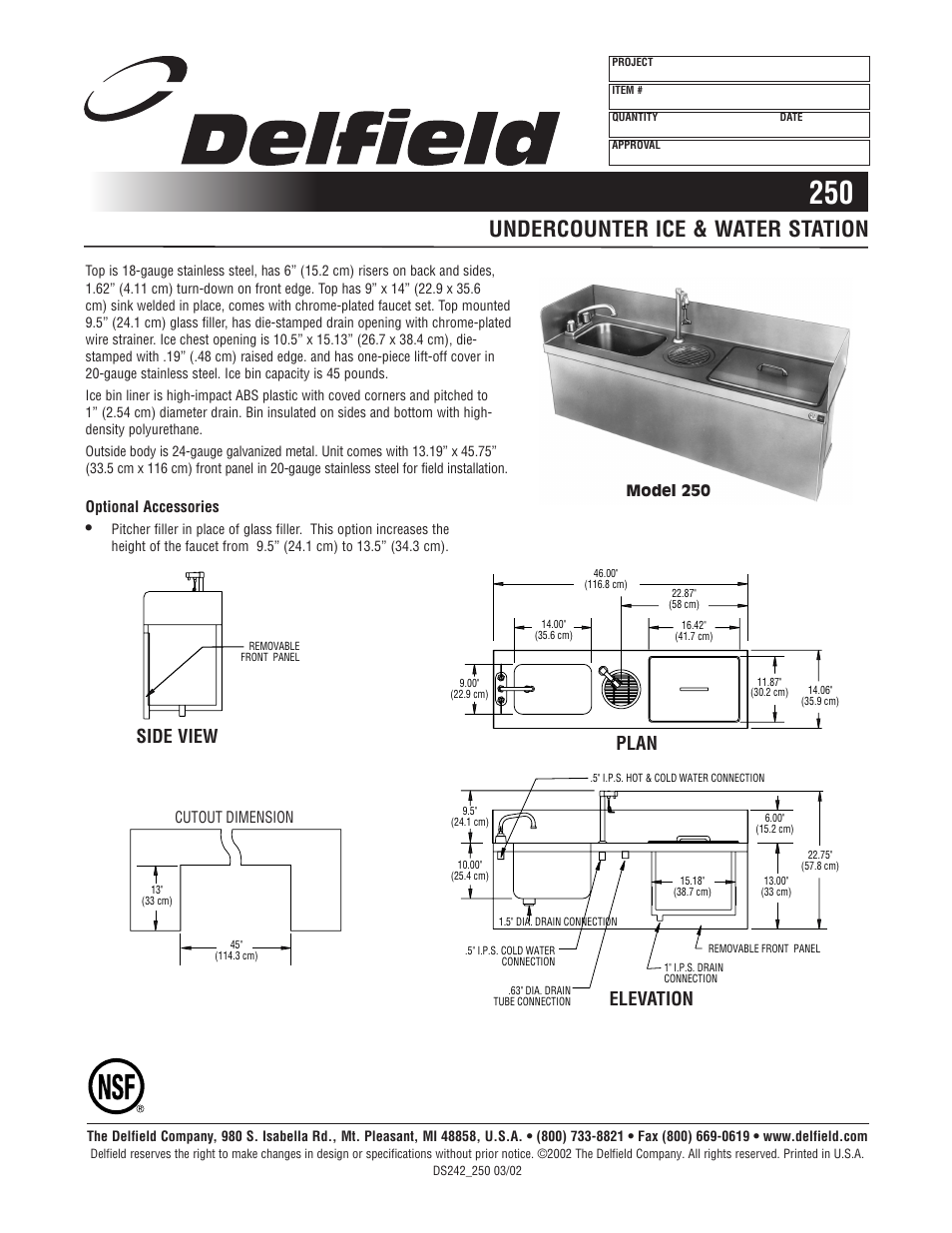 Undercounter ice & water station, Elevation plan side view | Delfield 242 User Manual | Page 2 / 2