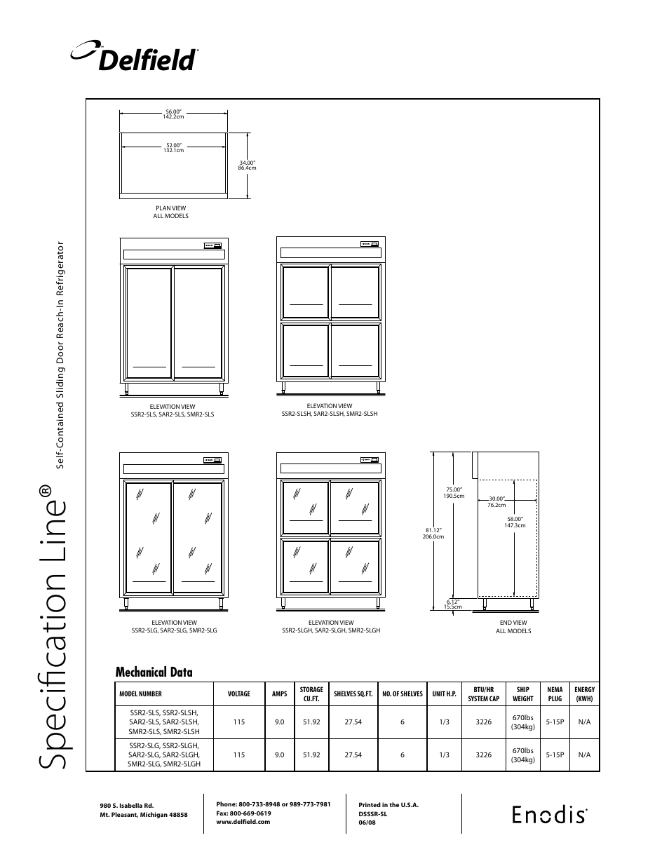 Sp ec ifi ca tio n li ne, Delfield, Mechanical data | Specification line | Delfield SMR2-SL User Manual | Page 2 / 2