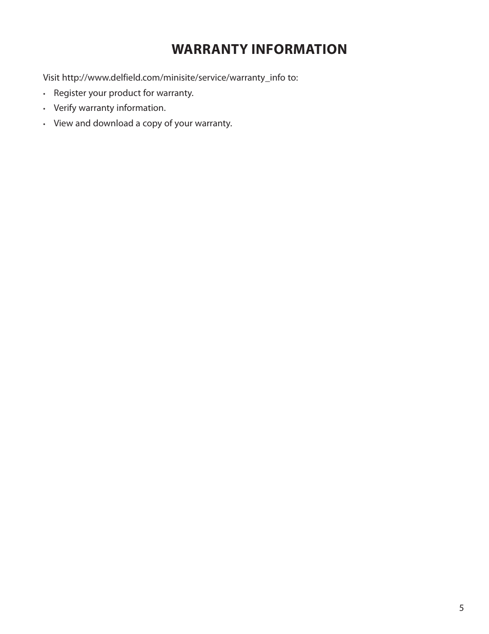 Warranty information | Delfield T5 User Manual | Page 5 / 44