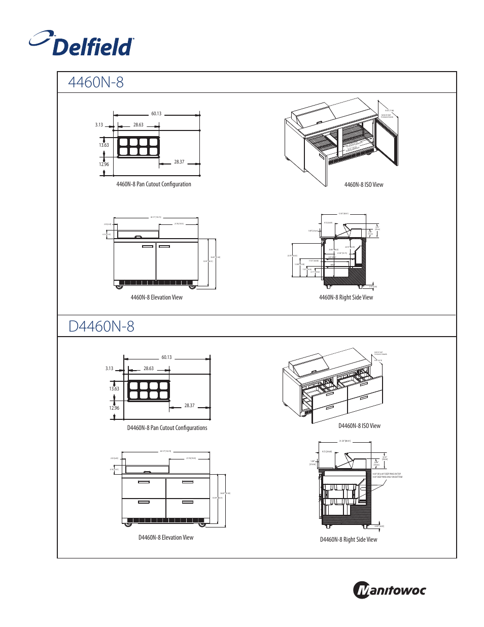Front, Standard pan configurations | Delfield 4460N-8 User Manual | Page 2 / 4