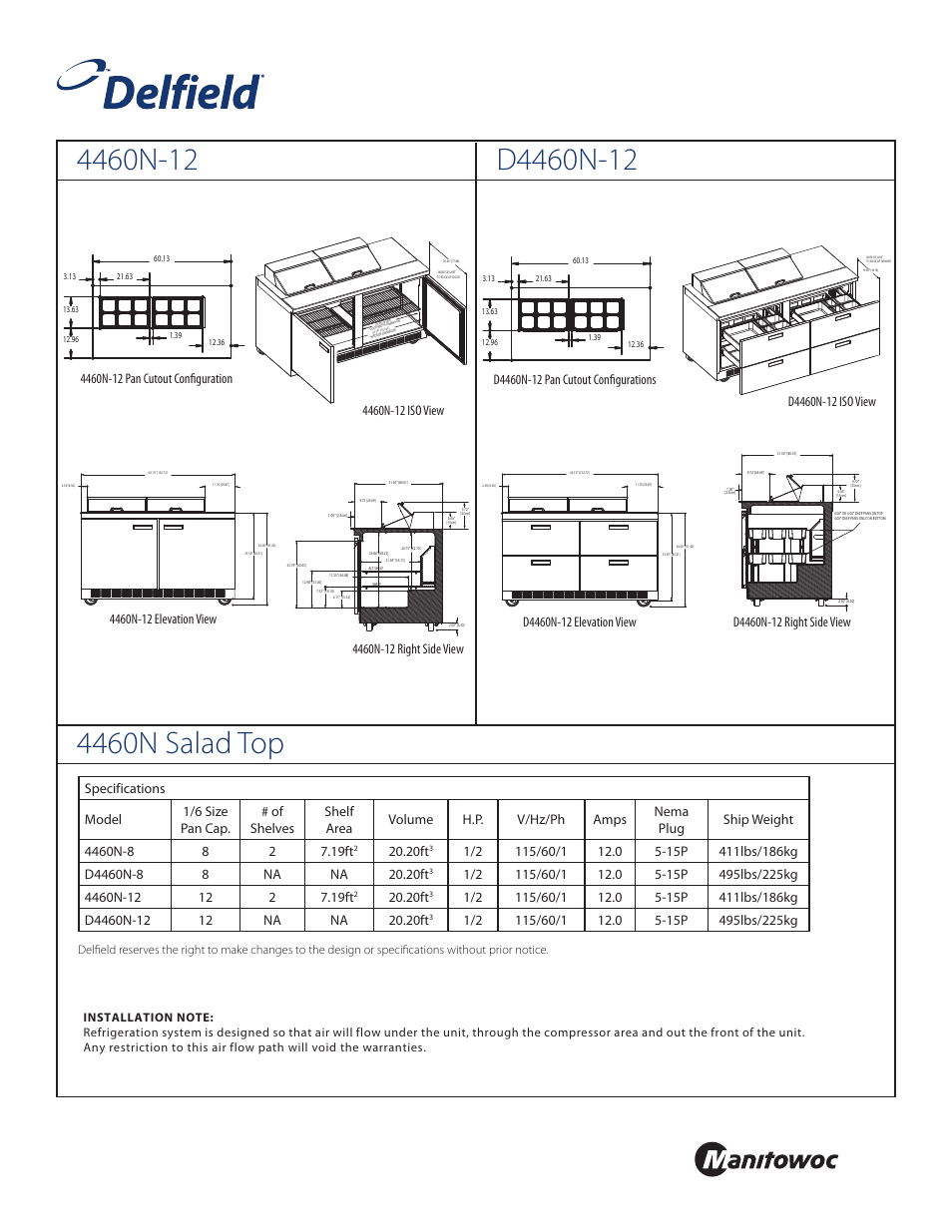 Front, Standard pan configurations, 20ft | Delfield 4460N-8 User Manual | Page 3 / 4