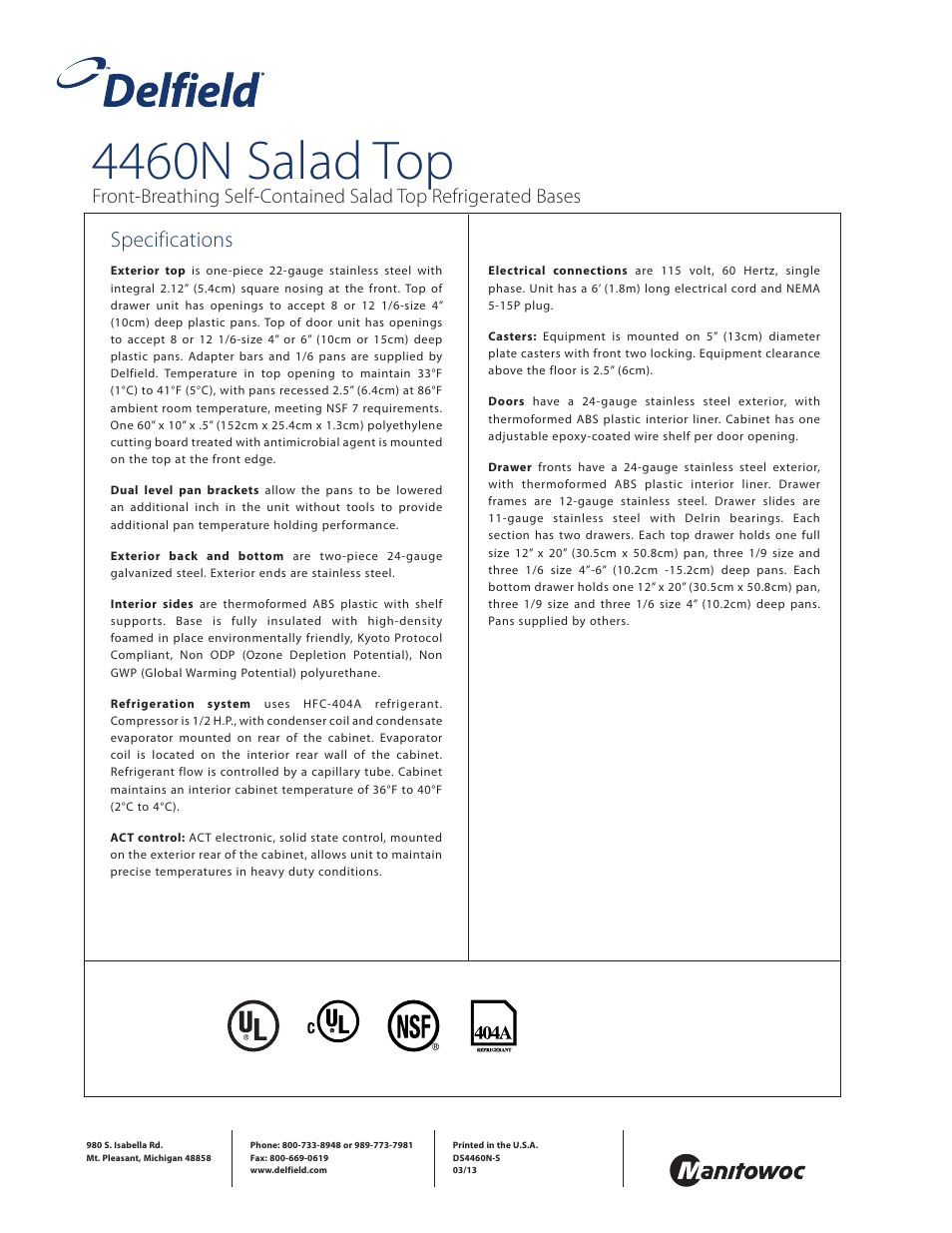 4460n salad top, Specifications | Delfield 4460N-8 User Manual | Page 4 / 4
