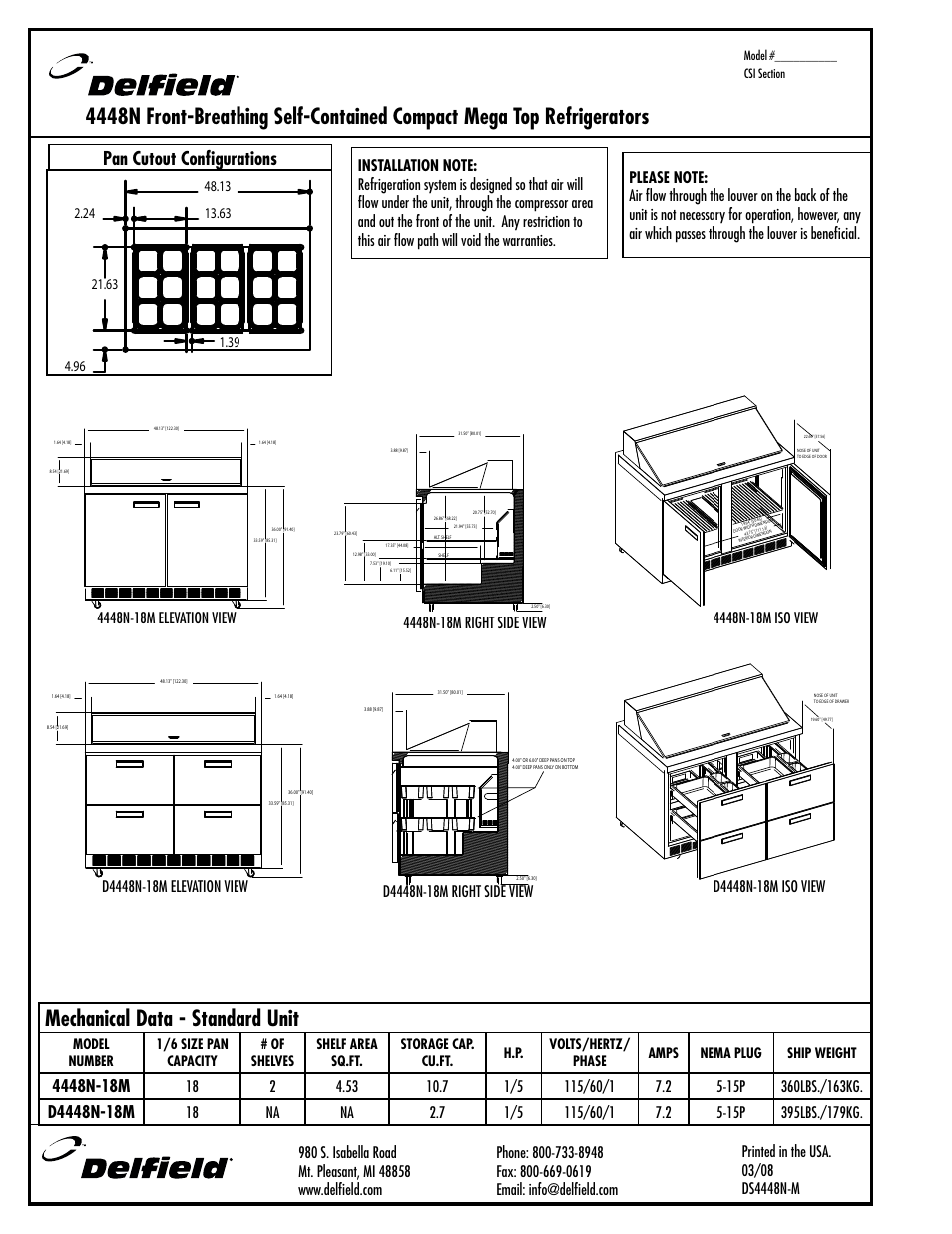 Mechanical data - standard unit, Pan cutout configurations | Delfield 4448N-1 8M User Manual | Page 2 / 2