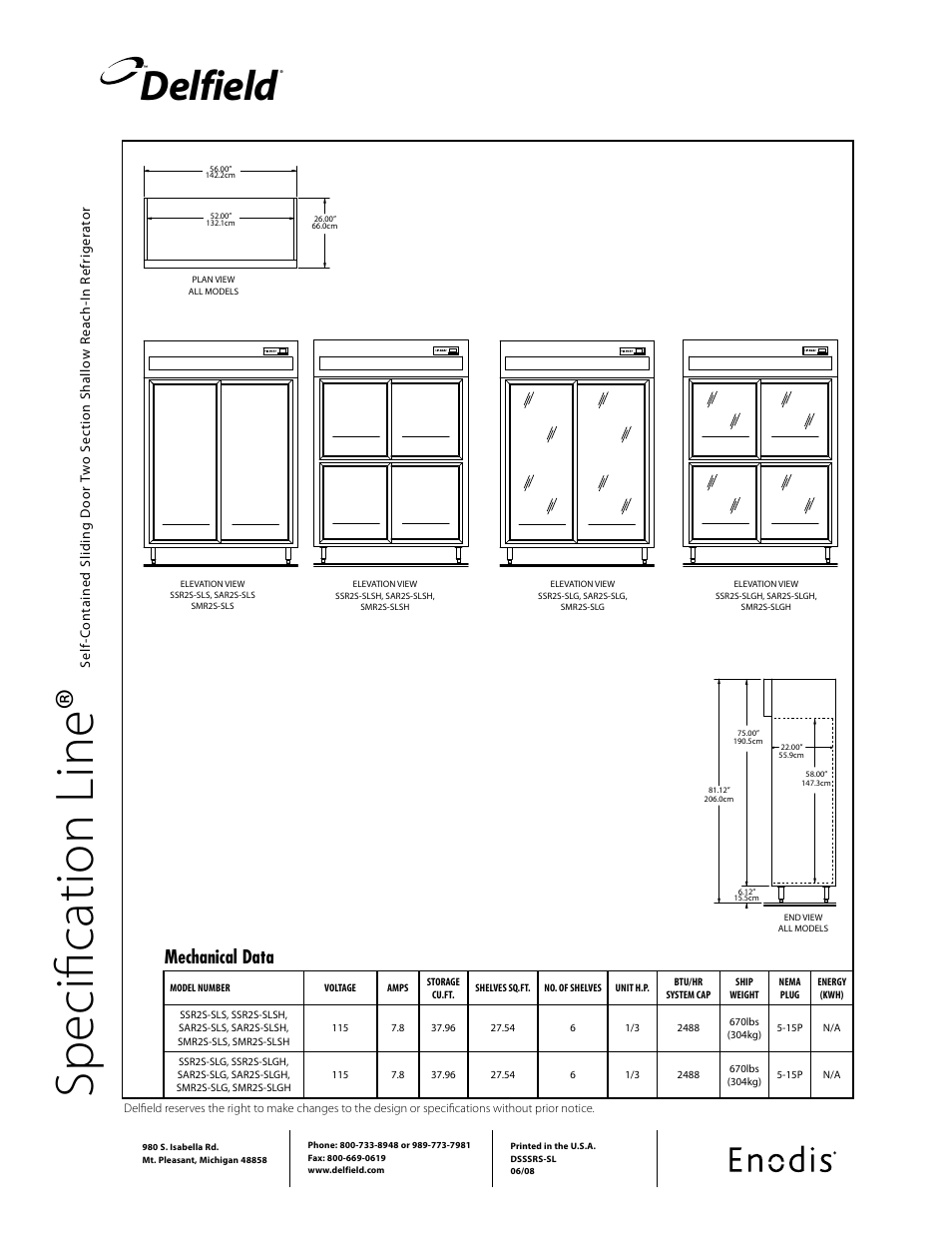 Sp ec ifi ca tio n li ne, Delfield, Mechanical data | Specification line | Delfield SAR2S-SLG User Manual | Page 2 / 2