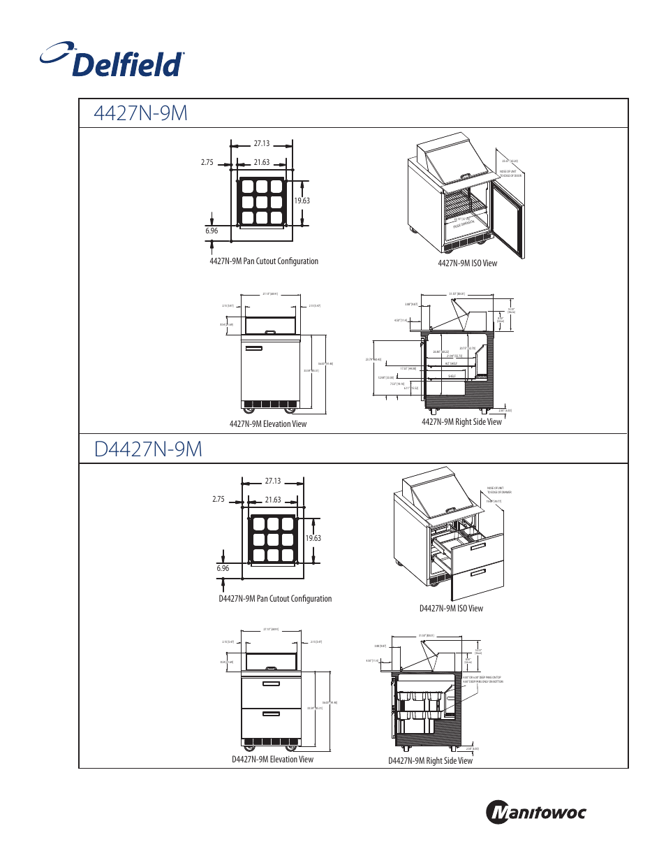 Front, Standard pan configurations | Delfield 4427N-9M User Manual | Page 2 / 4