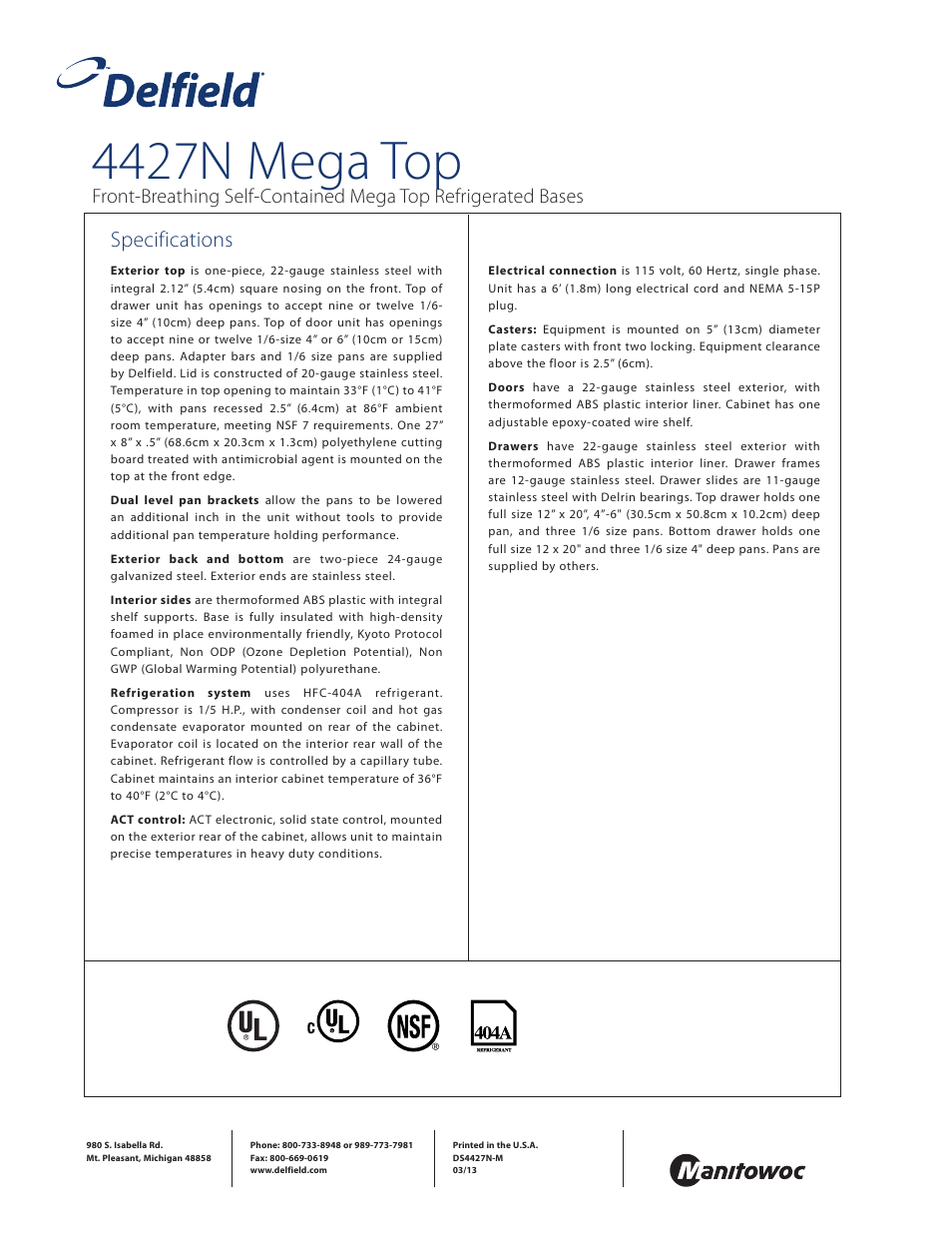 4427n mega top, Specifications | Delfield 4427N-9M User Manual | Page 4 / 4