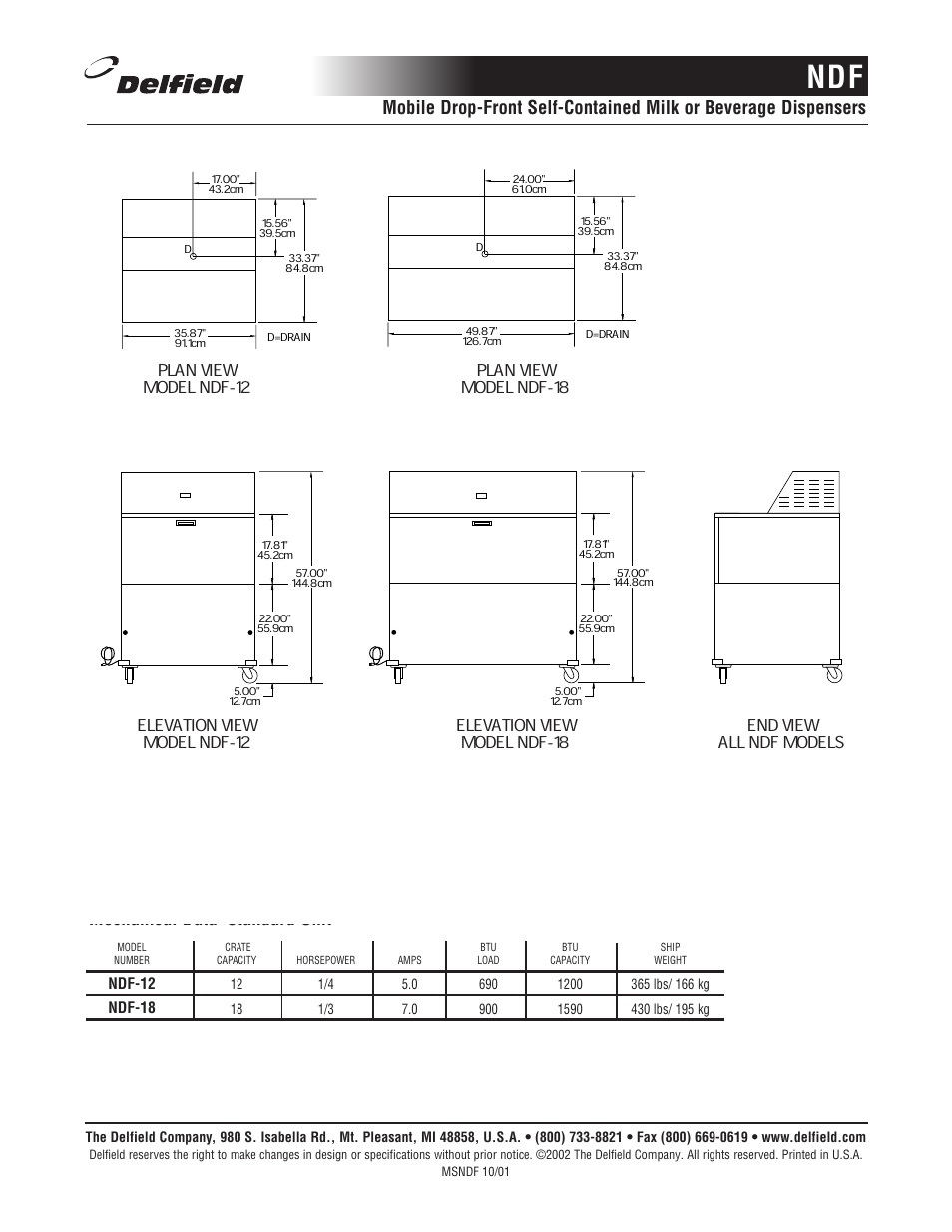 Mechanical data–standard unit | Delfield Model NDF-18 User Manual | Page 2 / 2