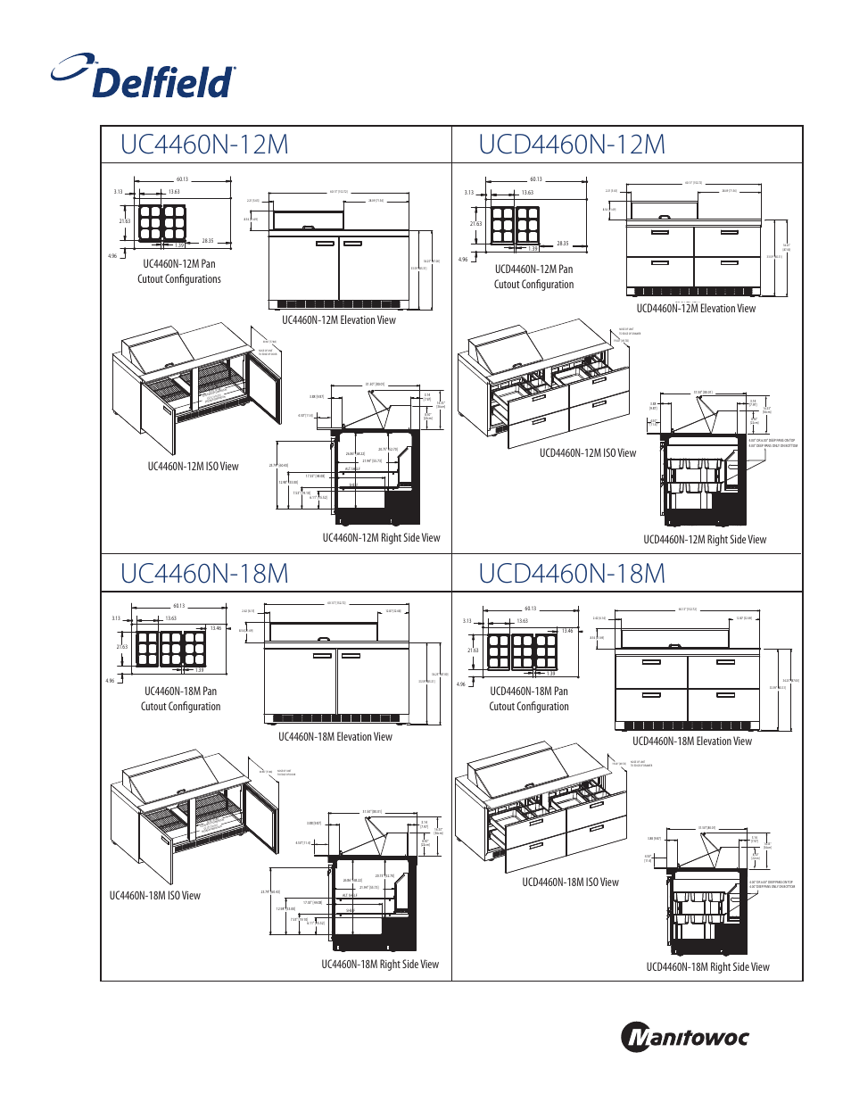 Front, Standard pan configurations | Delfield UCD4460N-24M User Manual | Page 2 / 4